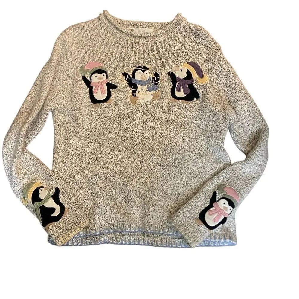 Christopher & Banks hand embroidered novelty penguins small Ramie blend sweater
